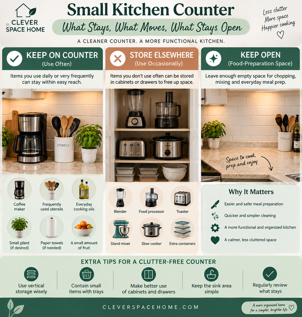 How to organize a small kitchen counter by deciding what stays and what moves