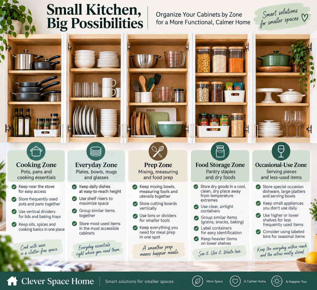 How to organize kitchen cabinets in a small kitchen using practical storage zones