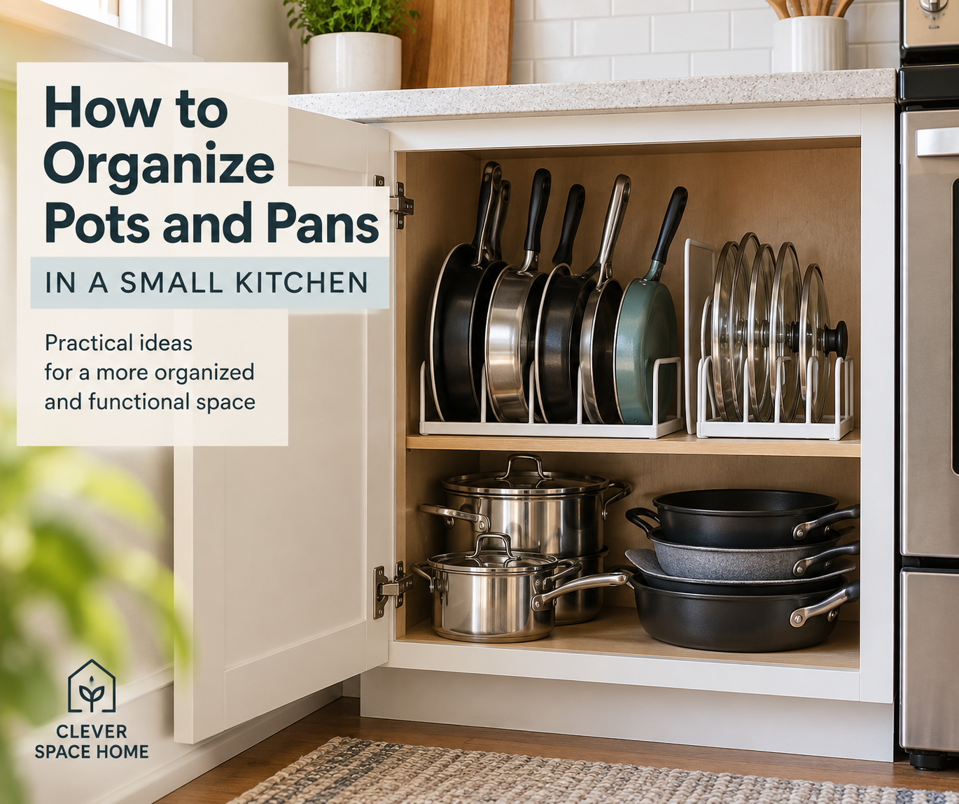 Organized pots and pans in a small kitchen with space-saving cookware storage