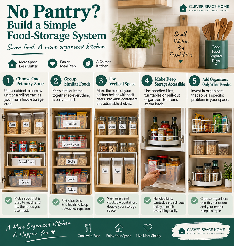 How to organize a small kitchen without a pantry using a simple food storage system