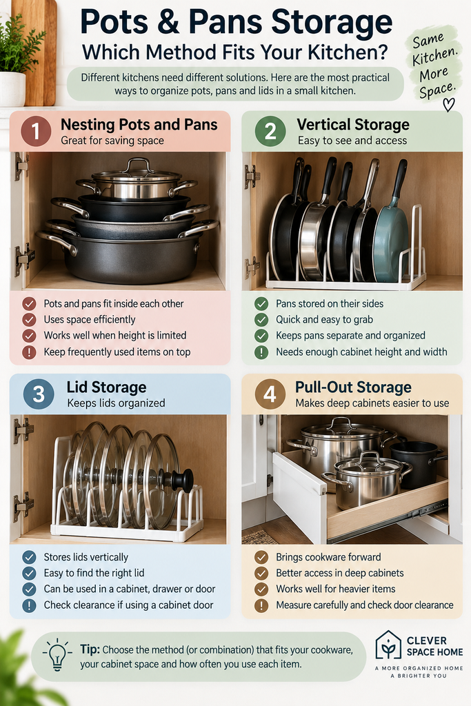 How to organize pots and pans in a small kitchen using nesting, vertical, lid and pull-out storage