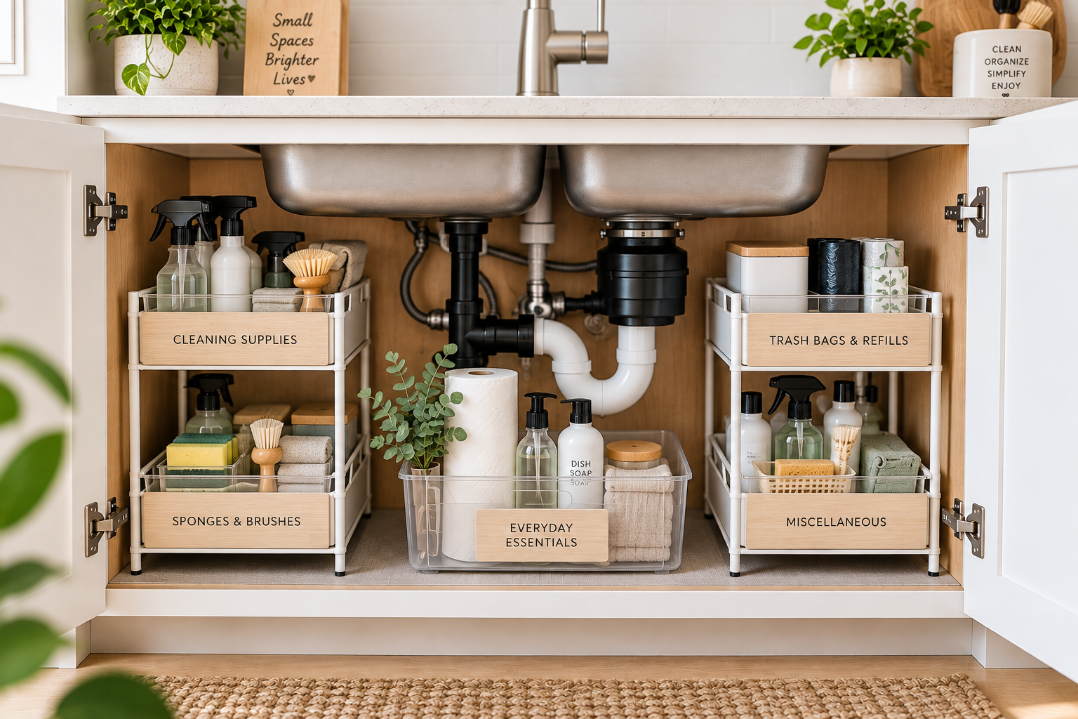 Organized under-sink cabinet in a small kitchen with space-saving storage