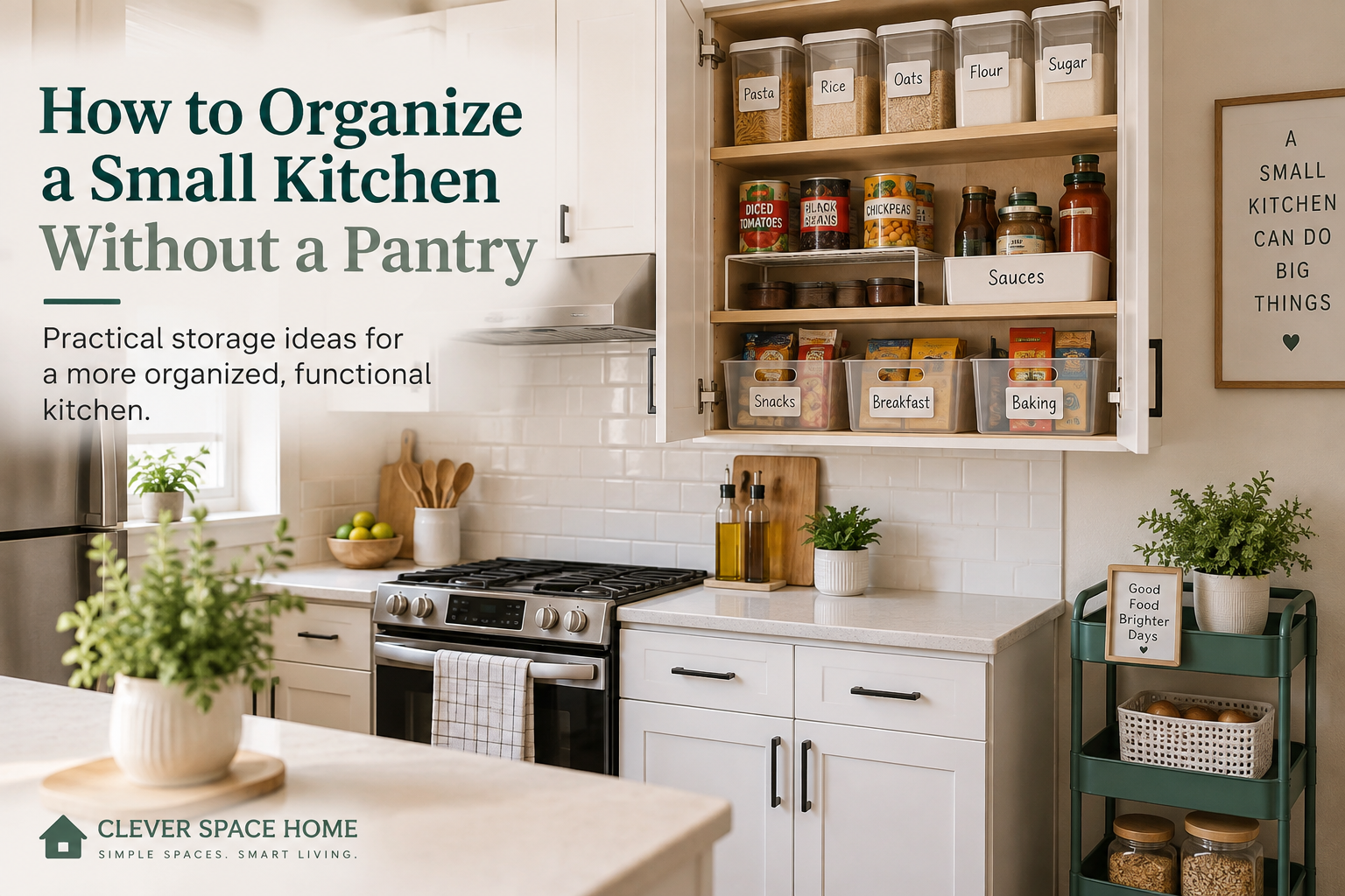 Organized small kitchen without a pantry using cabinets and space-saving food storage