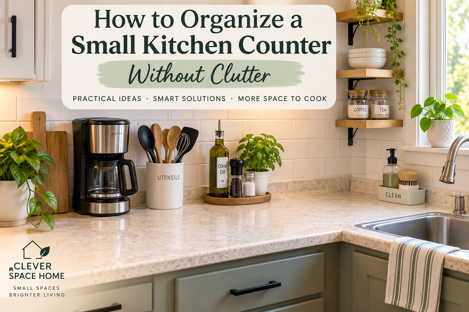 Organized small kitchen counter with clutter-free space-saving storage