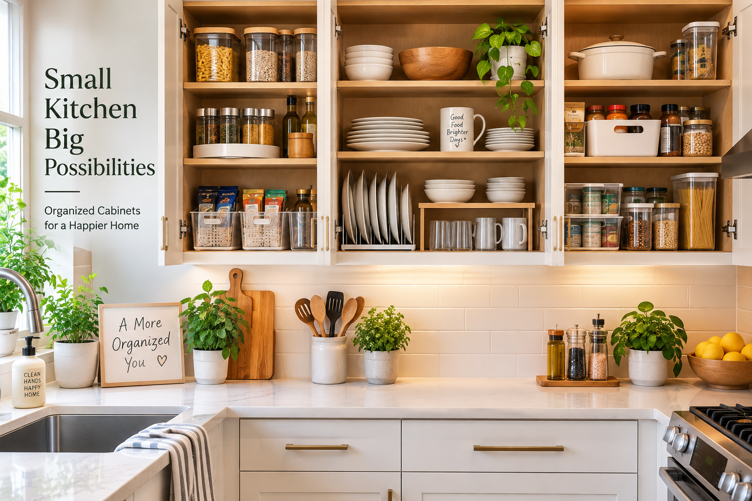 Organized kitchen cabinets in a small kitchen with space-saving storage